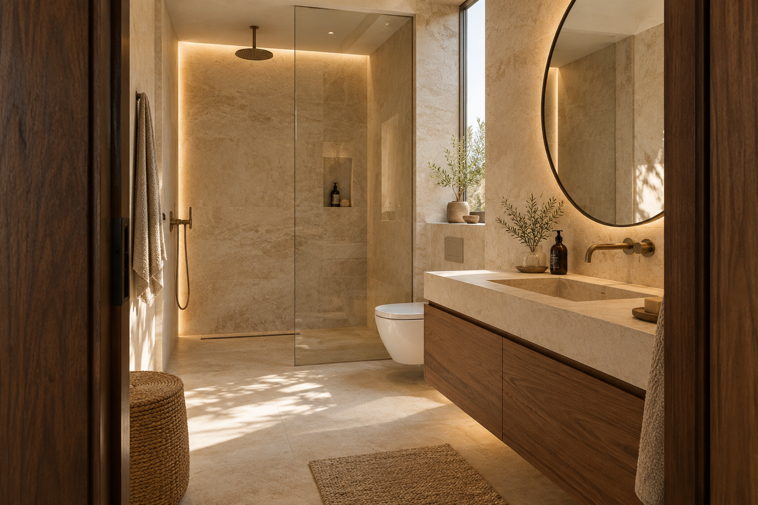 Propuesta conceptual de un baño completo de tonos piedra y madera
