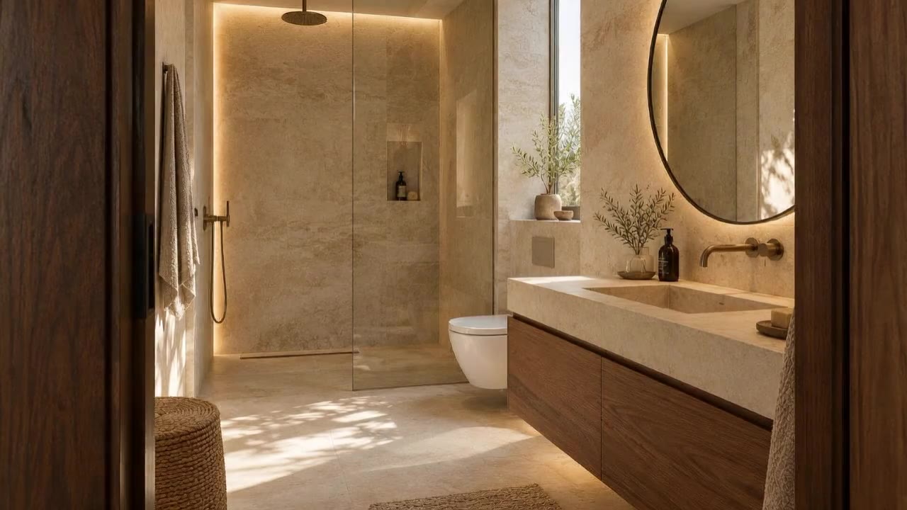 Concepto de baño con piedra clara, mueble de madera y ducha acristalada