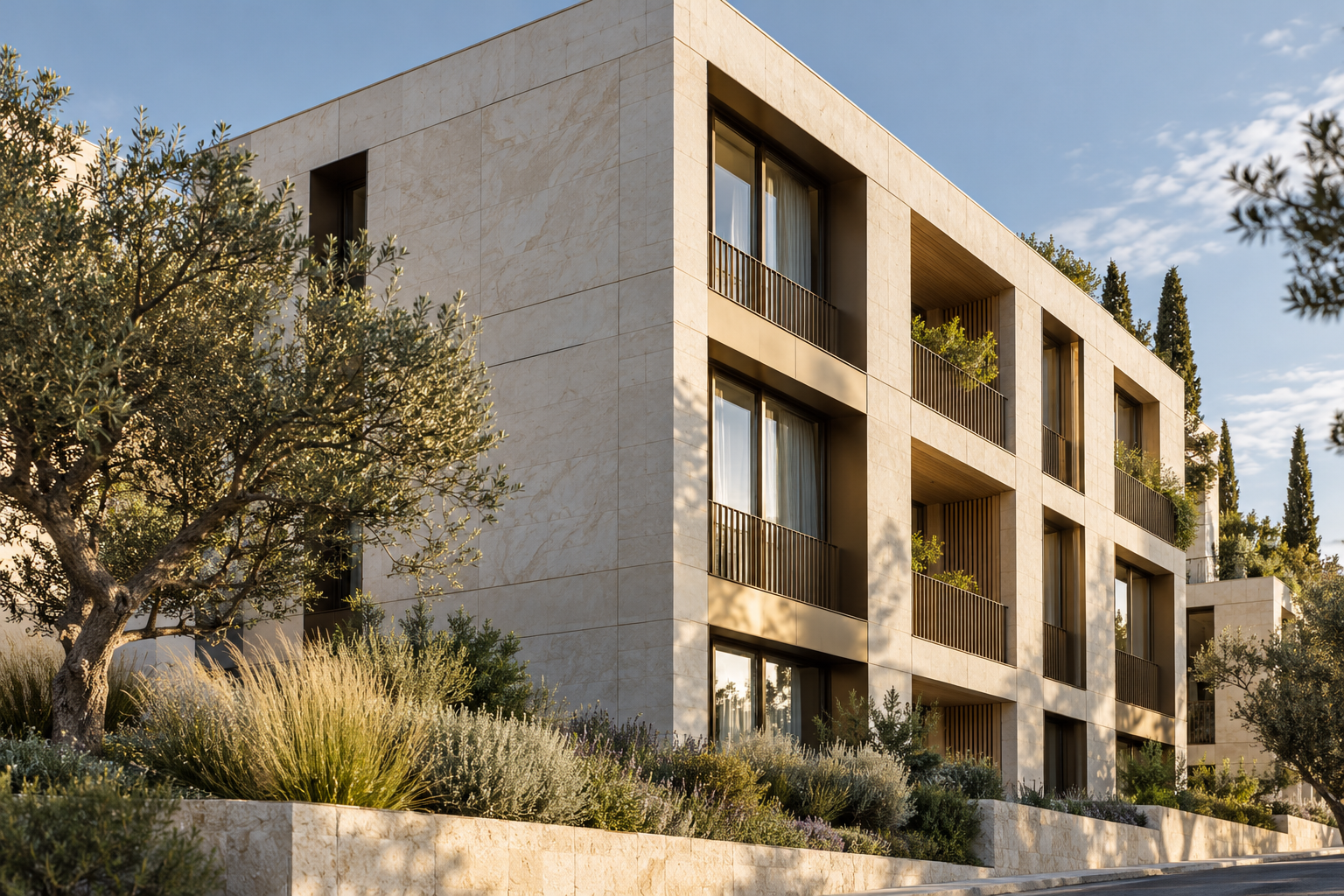Concepto de fachada residencial con paneles claros y ventanas retranqueadas