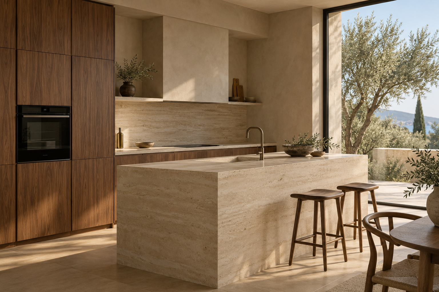 Concepto de cocina con carpintería de madera e isla de piedra clara